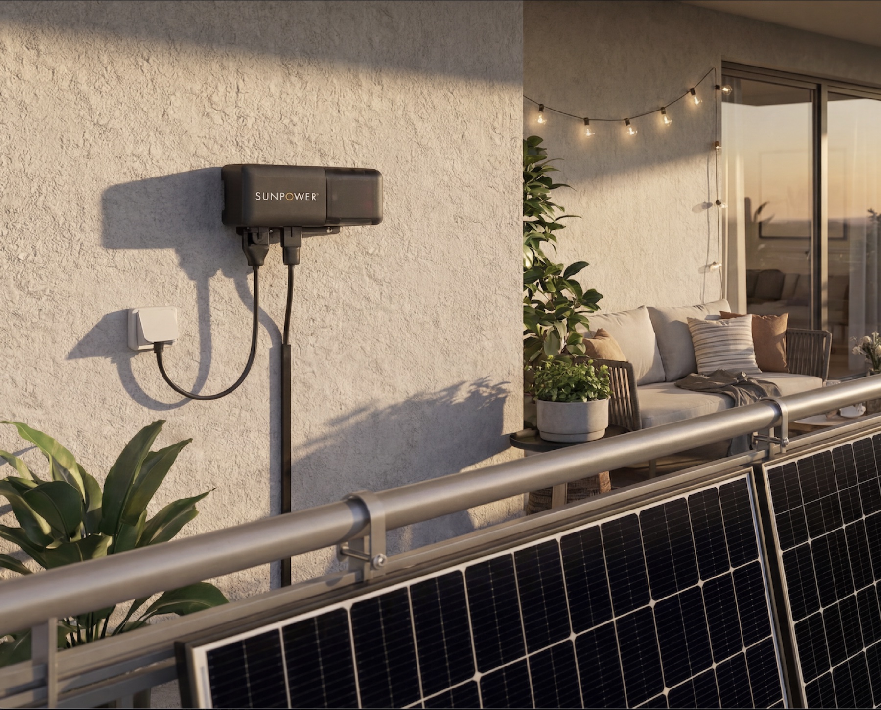 The SunPower balcony system installed on a balcony: battery on the wall, panels on the railing